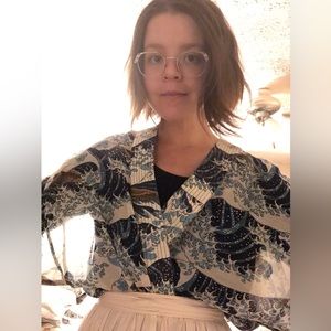 "Great Wave" inspired sheer wrap kimono-style top